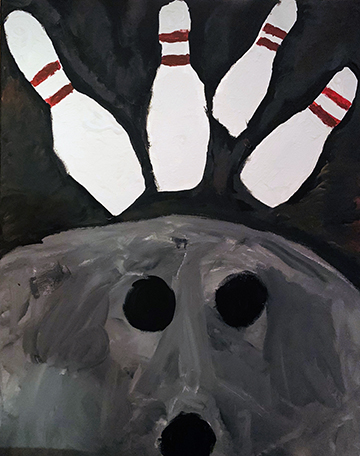 Painting of a four white bowling pins floating above a black bowling ball on a black background.