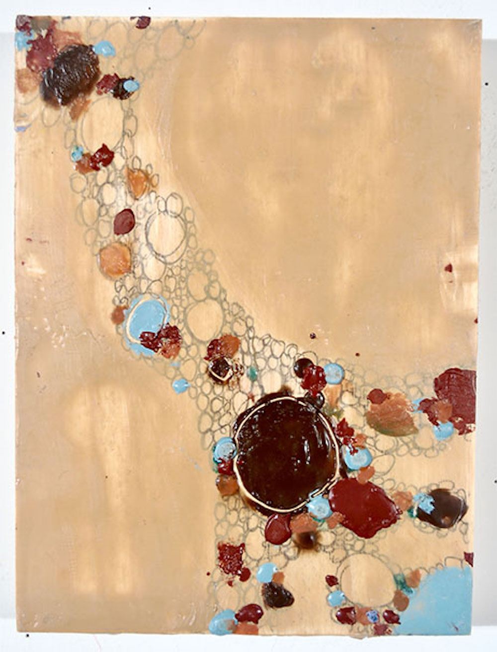 Painting using browns, blues, and reds. the painting almost appears to read as bubbles. 