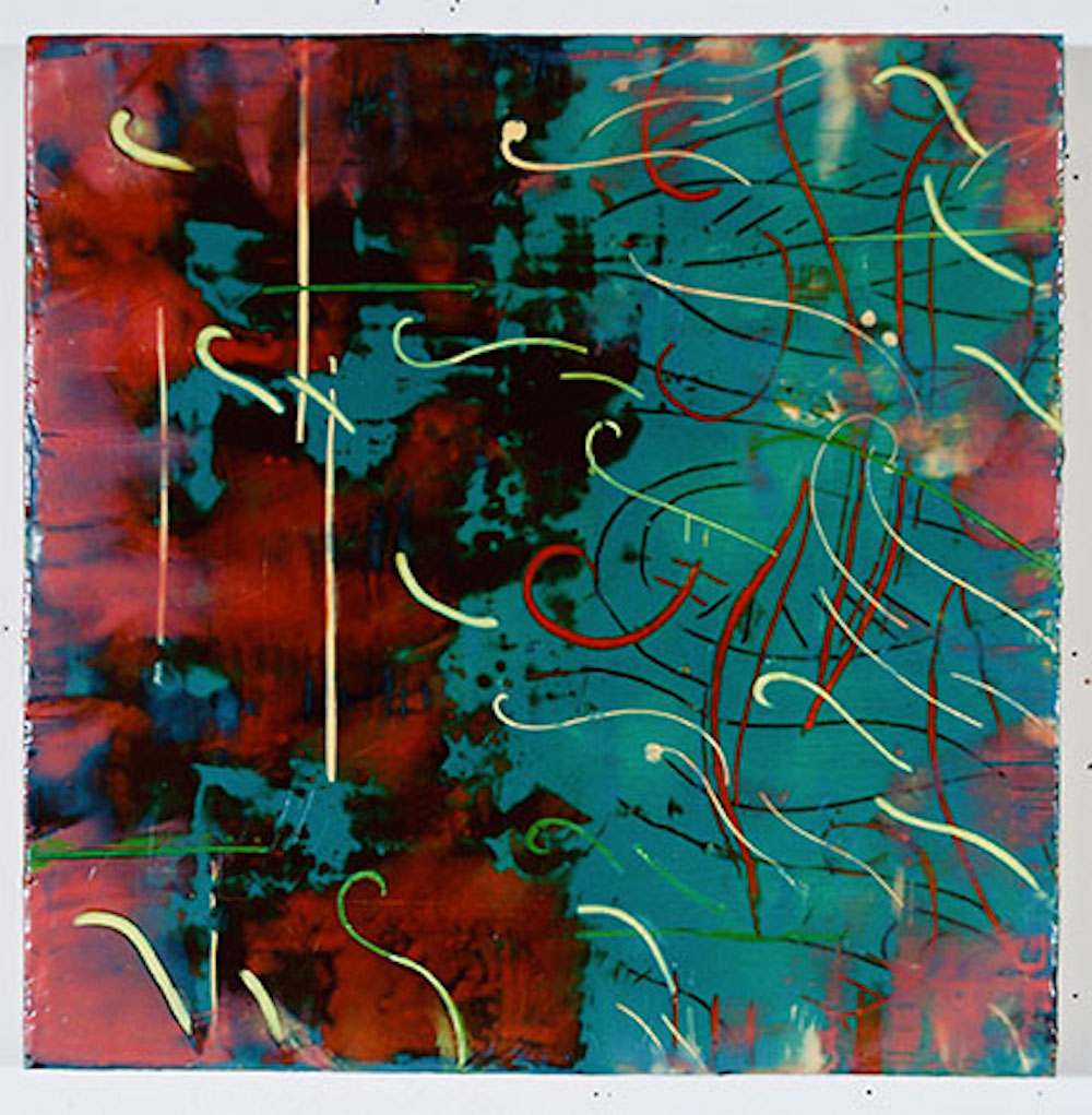 Image of painting using reds, black, and teal to create an image of swilry illustrations.