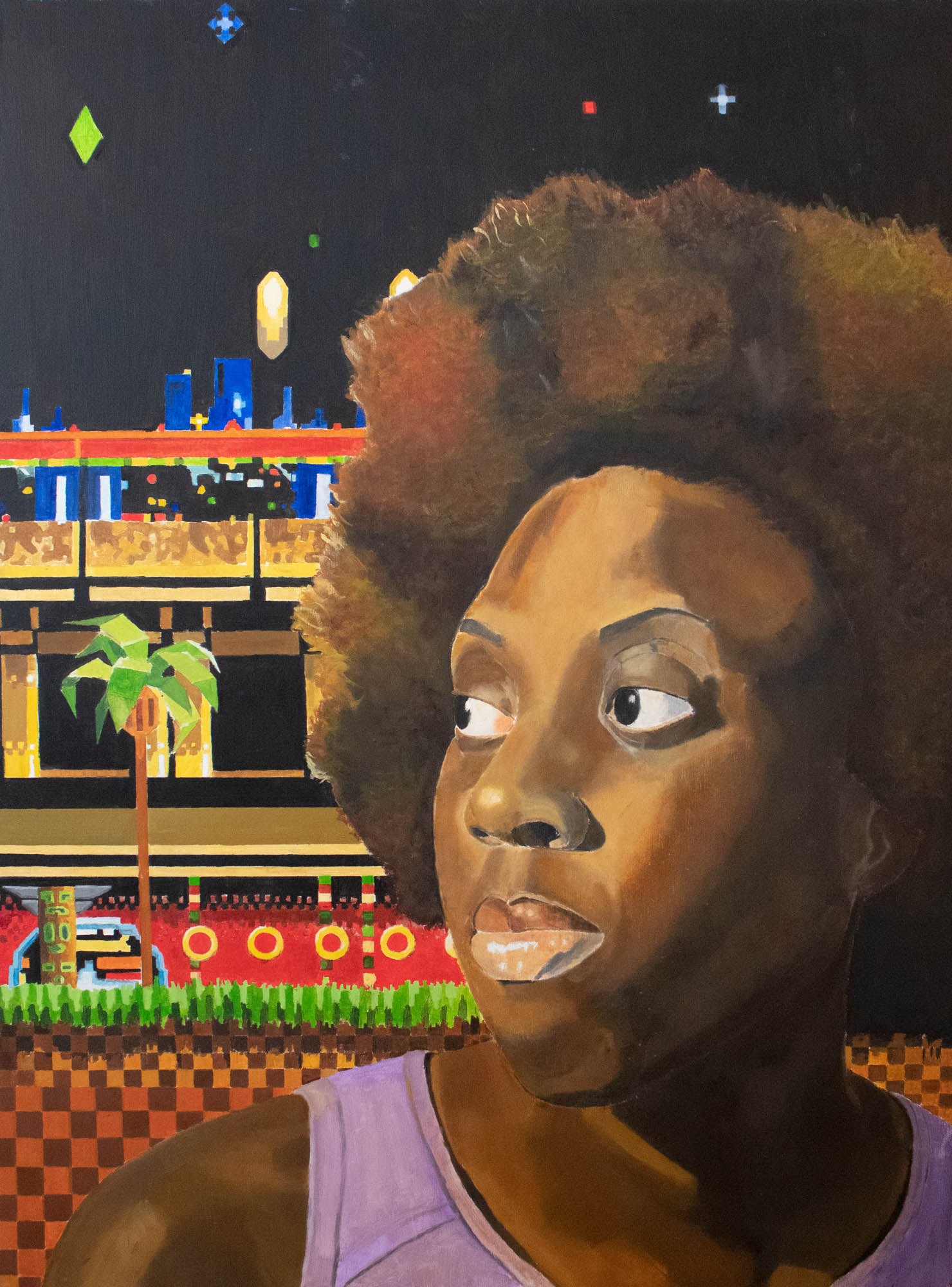 Portrait of a woman with a large multi-colored afro and a background from the video game sonic. It has a palm tree, totem pole, grass, as well a checkerboard pattern at the bottom of the portrait.