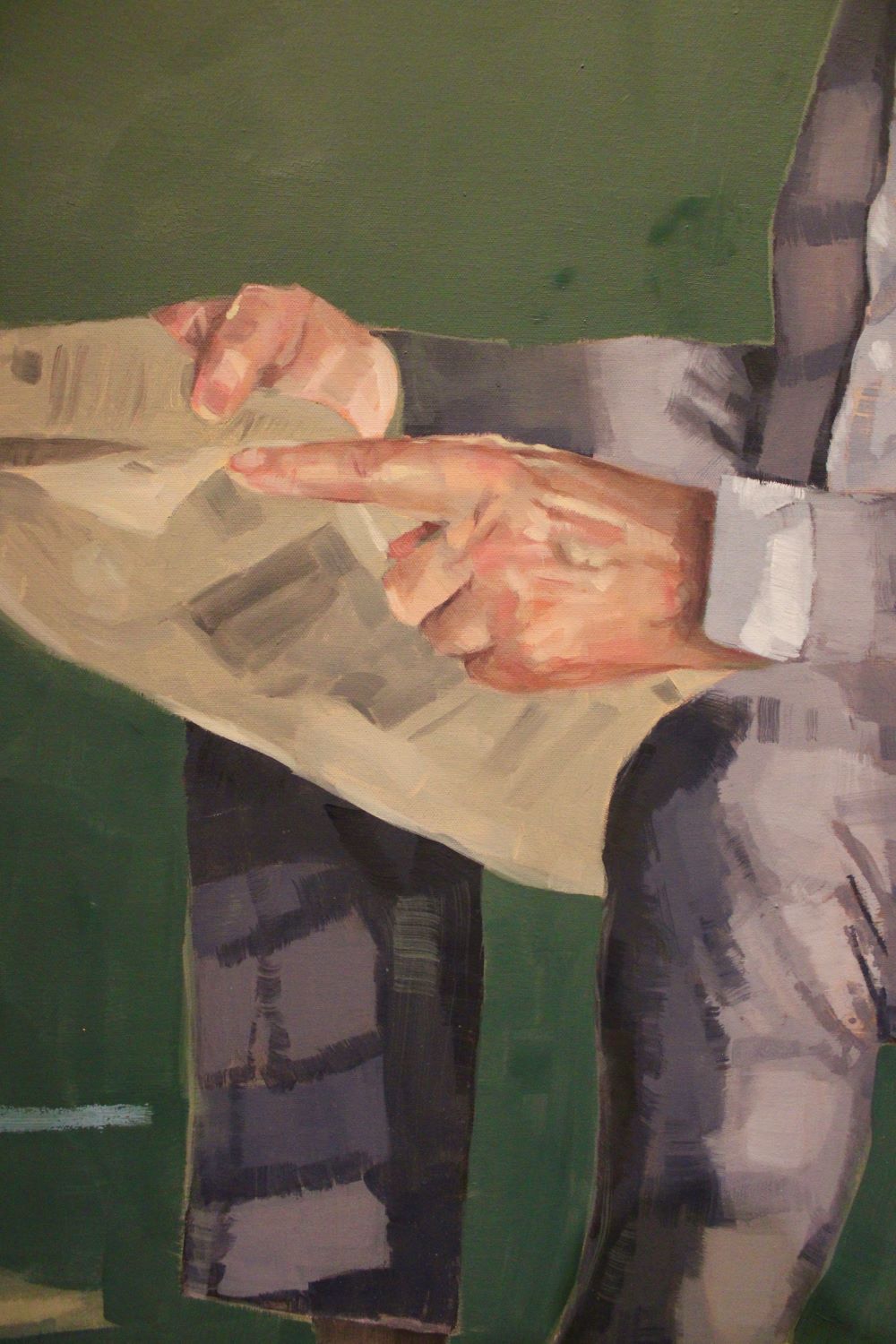 Detail image of a painting of a man holding a newpaper in front of a green, painted background.