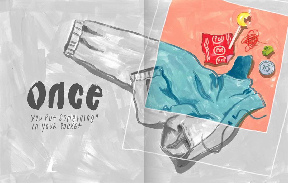 An interior spread, mixed media illustration, of Professor and Head of the Mississippi State University Department of Art Jamie Runnells' unpublished children's book, Once. It shows a black and white image with the words "Once, Put something in your pocket" and a color square showing pocket contents from jeans–a lollipop and wrapper, string, a green Lego and a nickel