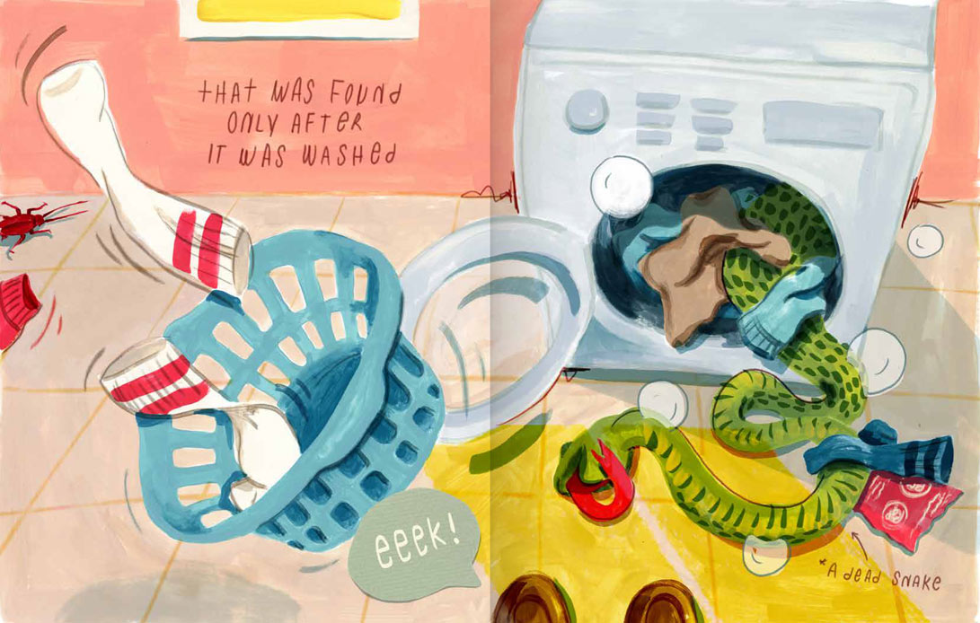 An interior spread, mixed media illustration, of Professor and Head of the Mississippi State University Department of Art Jamie Runnells' unpublished children's book, Once. Image shows laundry room with items scattered and the words "that was found only after it was washed" and "a dead snake" and "eeek!". A green snake is seen falling out of the laundry machine along with a chaos mess of laundry