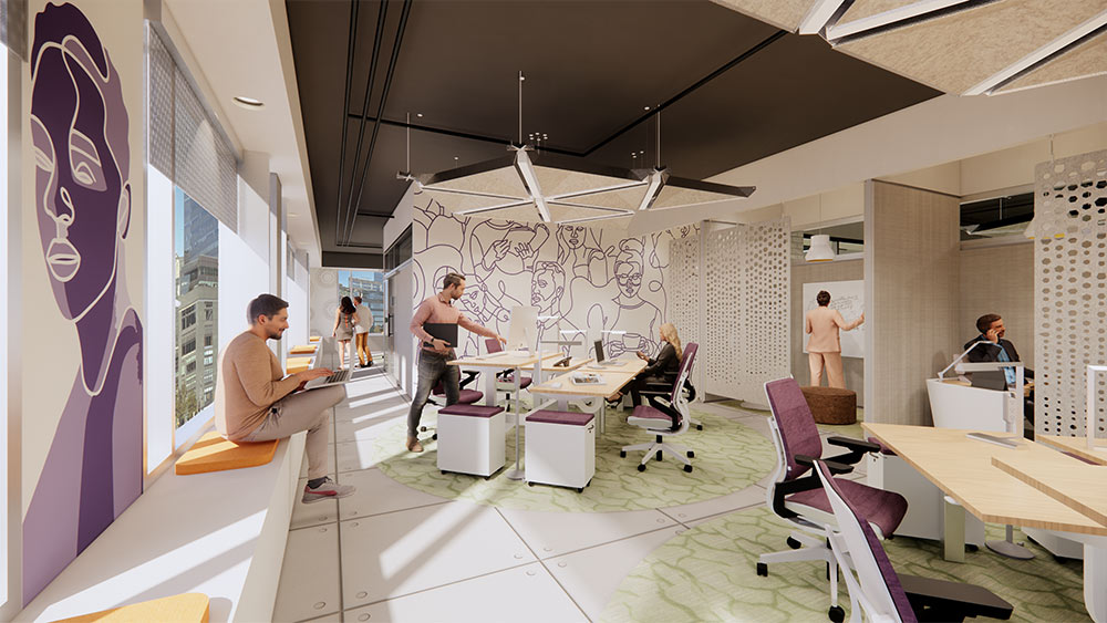 “The open office equips employees with height-adjustable workstations while a change in flooring and an acoustical drop ceiling help to define the space,” said Taylor. “The small enclaves adjacent to the open office serve as a place to take private phone calls or conduct a small meeting.”