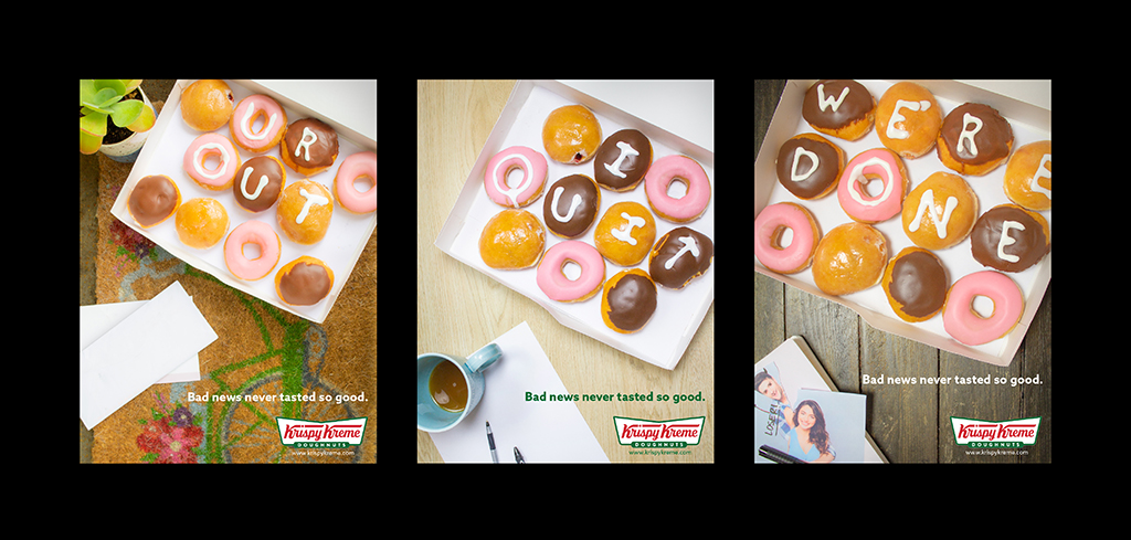 Advertisements for Krispy Kreme Donuts. Photographs of colorful glazed donuts in boxes.