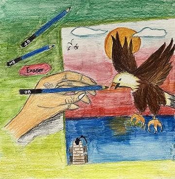 Color pencil drawing of a hand drawing a bald eagle.