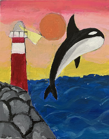 Painting of an orca jumping out of the sea water.