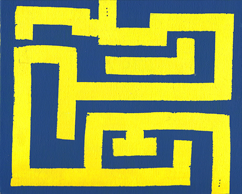 Painting of a yellow maze lines over a blue background.