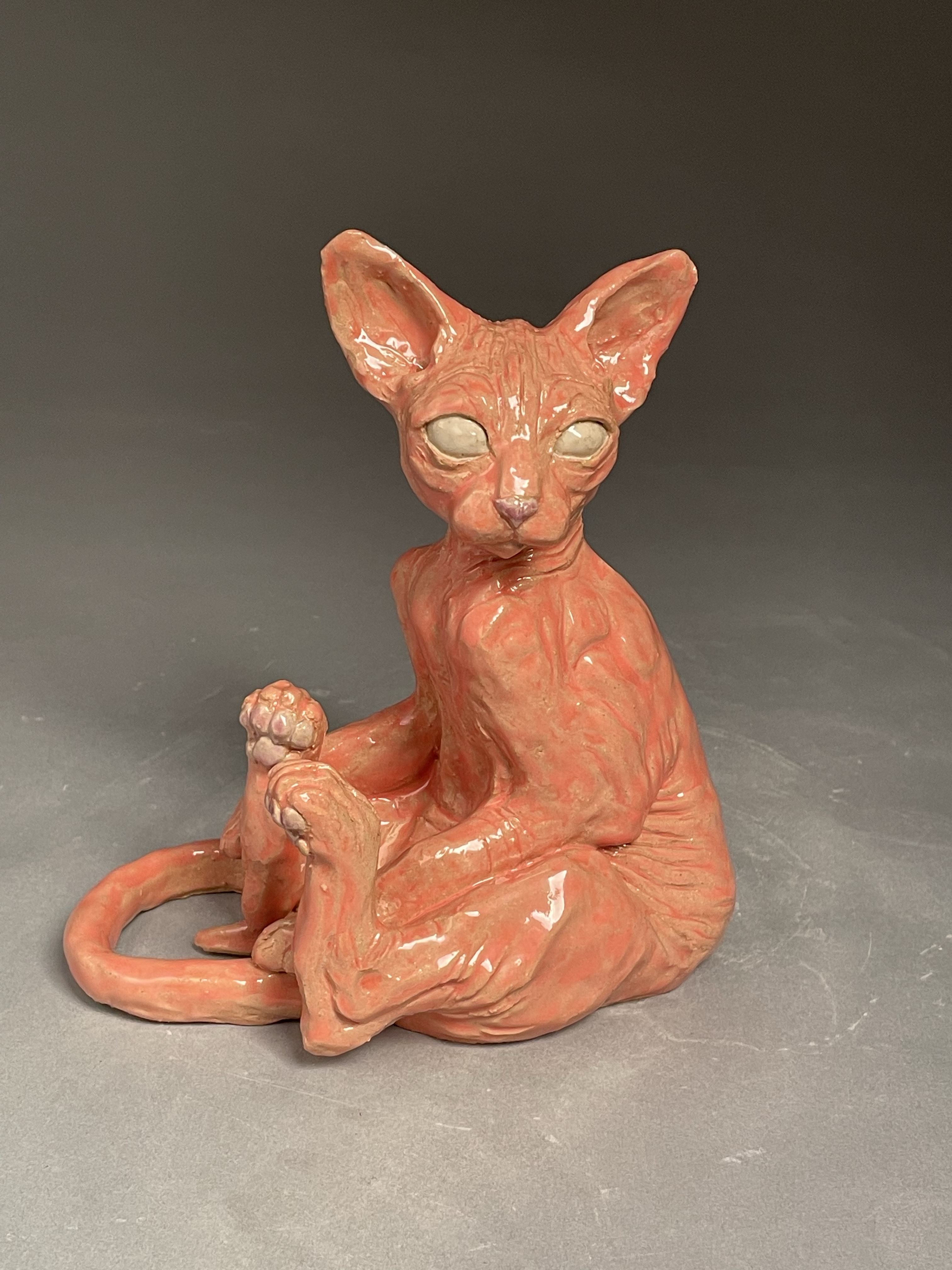 Ceramic hairless cat sitting on its back looking to the left with a pink glaze