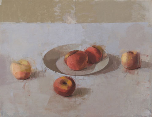 "Peaches", an 11x14 painting of peaches on a table (two on a white plate) and two on the table by Mississippi State University Department of Art Professor Joe Morzuch. 