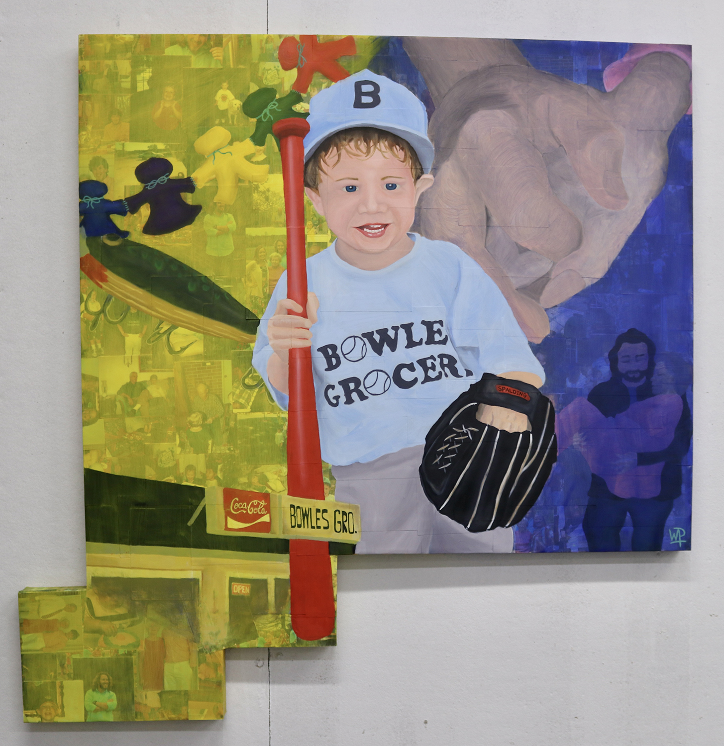 Collage portrait of young male child in baseball uniform with baseball bat with precious family moments collaged in background.