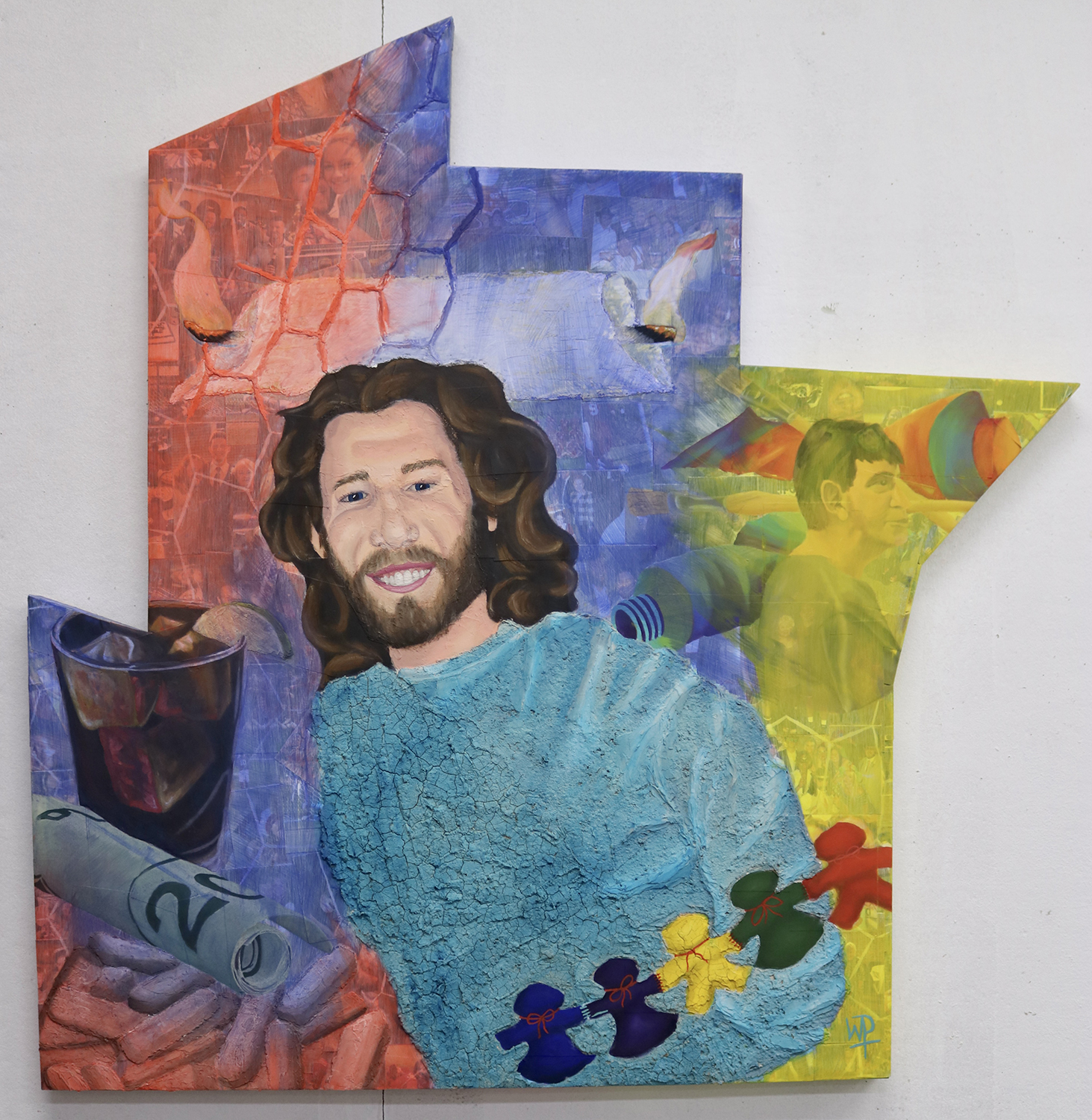 Collage portrait of young man in teal shirt with key iconography around image with precious moments collaged in background.