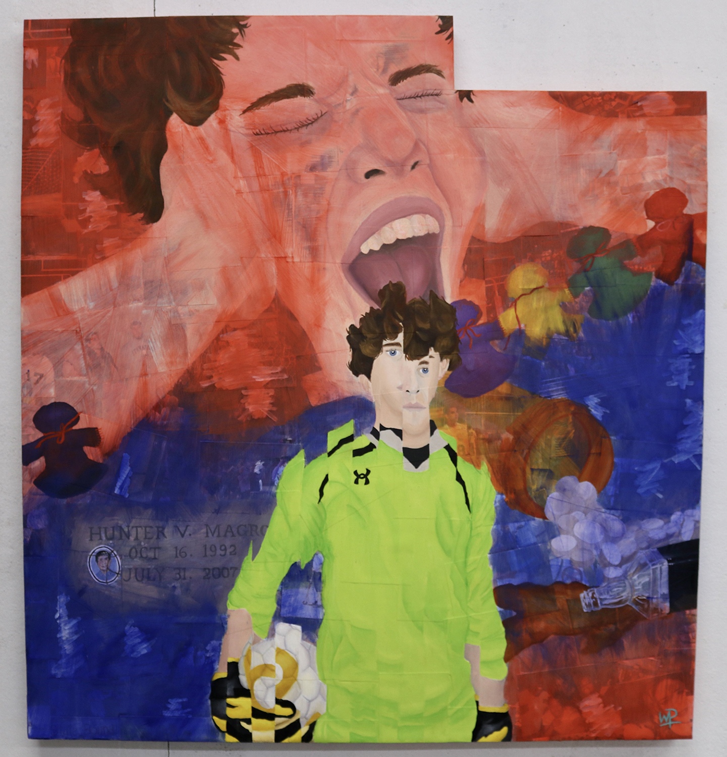 Collage portrait of young male in soccer goalie uniform with soccer ball with key moments indicating mental state collaged in background.