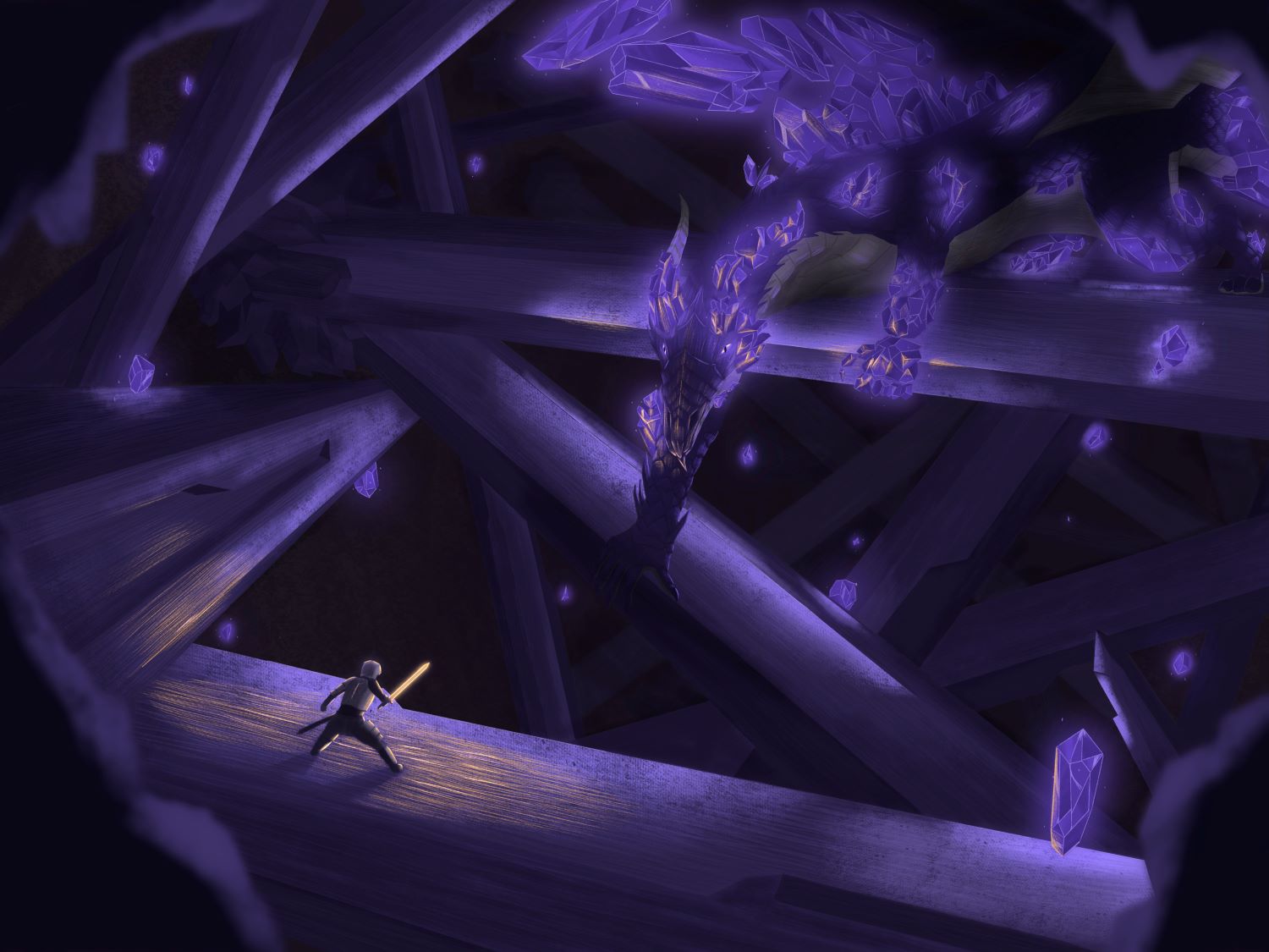 Knight with glowing sword and dragon with some body parts replaced with crystals sizing each other up in a crystal cave