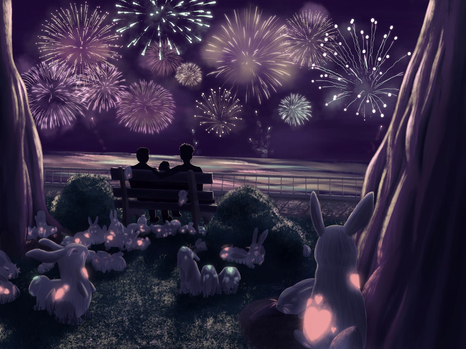 Glowing bunnies in an oceanside park behind couple and child on bench at a fireworks show