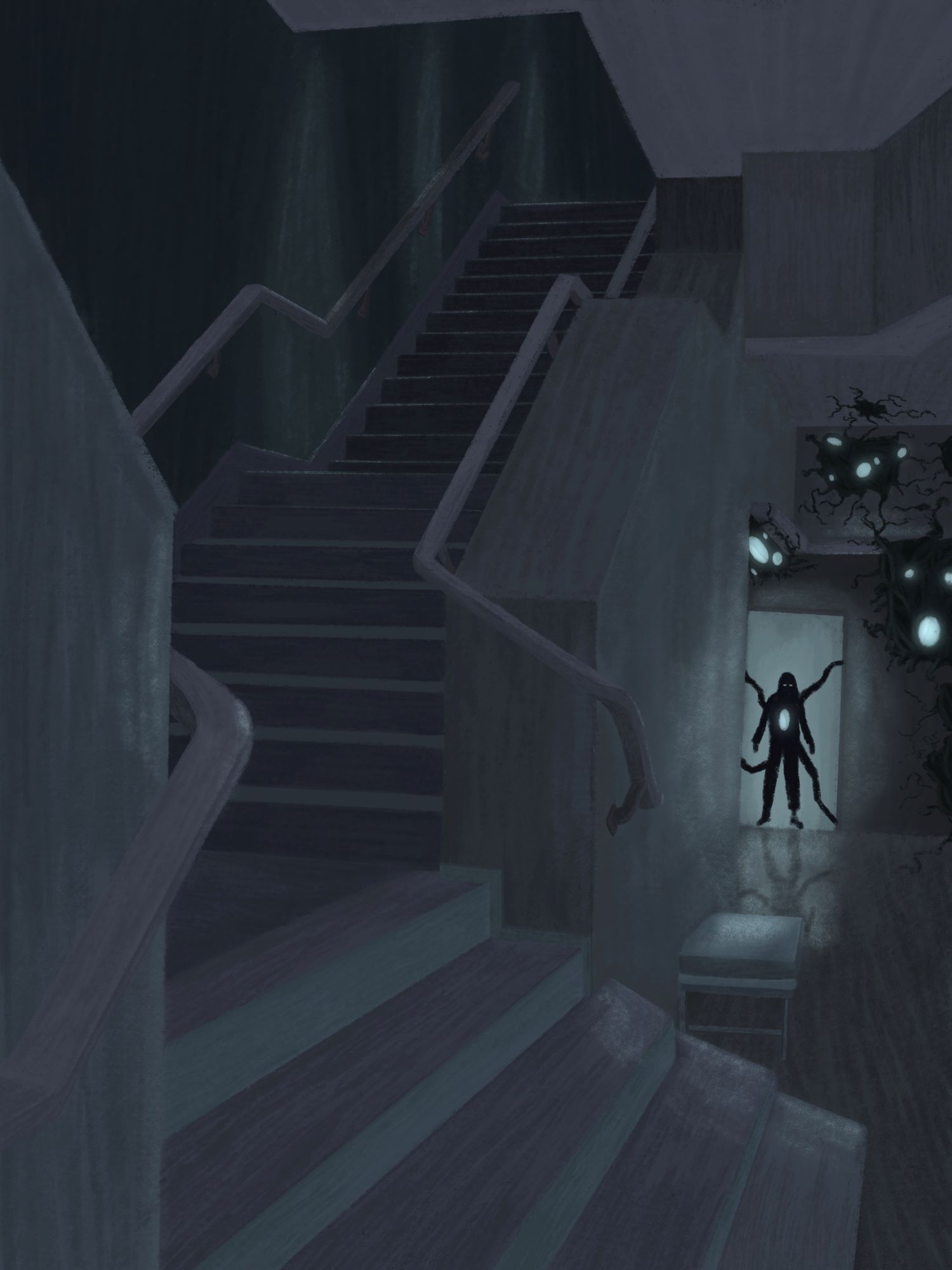 A dark room leading to a doorway with a foreboding figure and a substance growing on the walls from him.