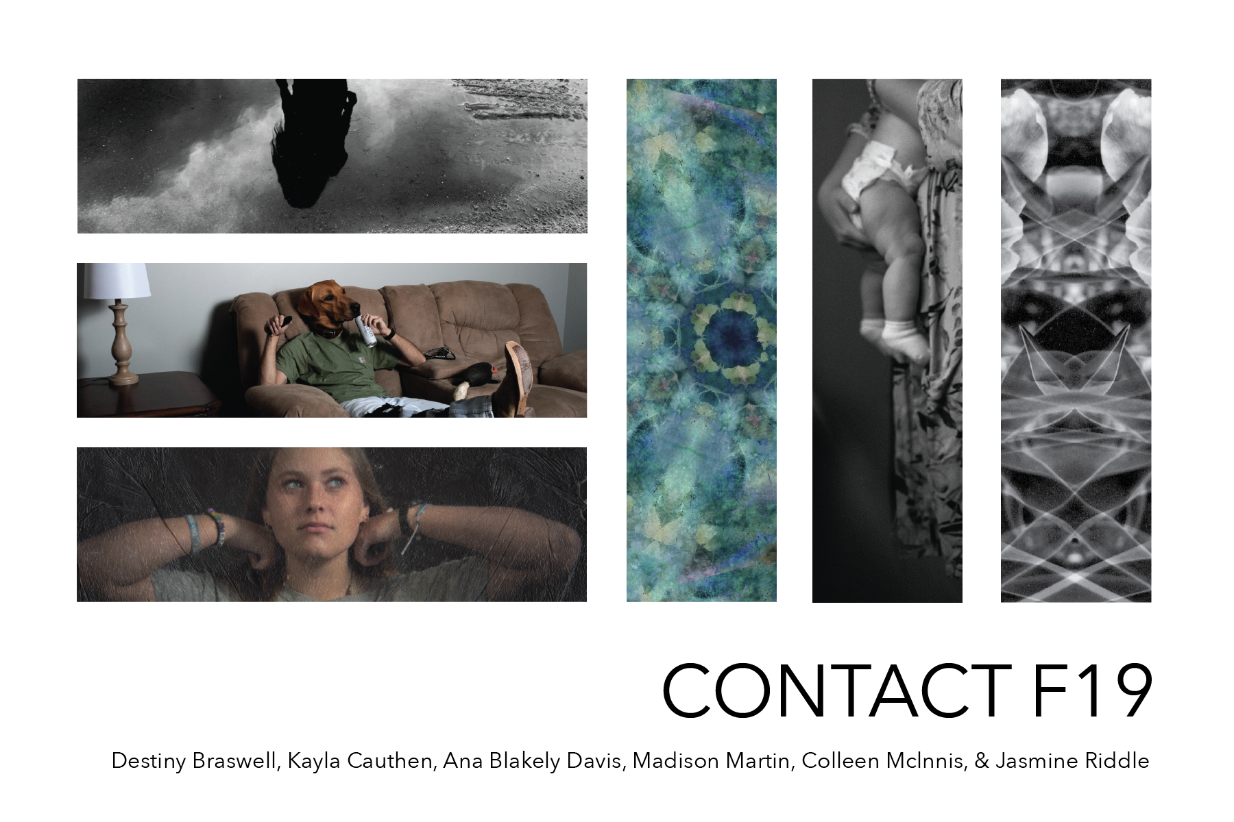 Image of CONTACT F19 postcard featuring samples of the six graduating seniors' photography work cropped into 6 rectangular bars.