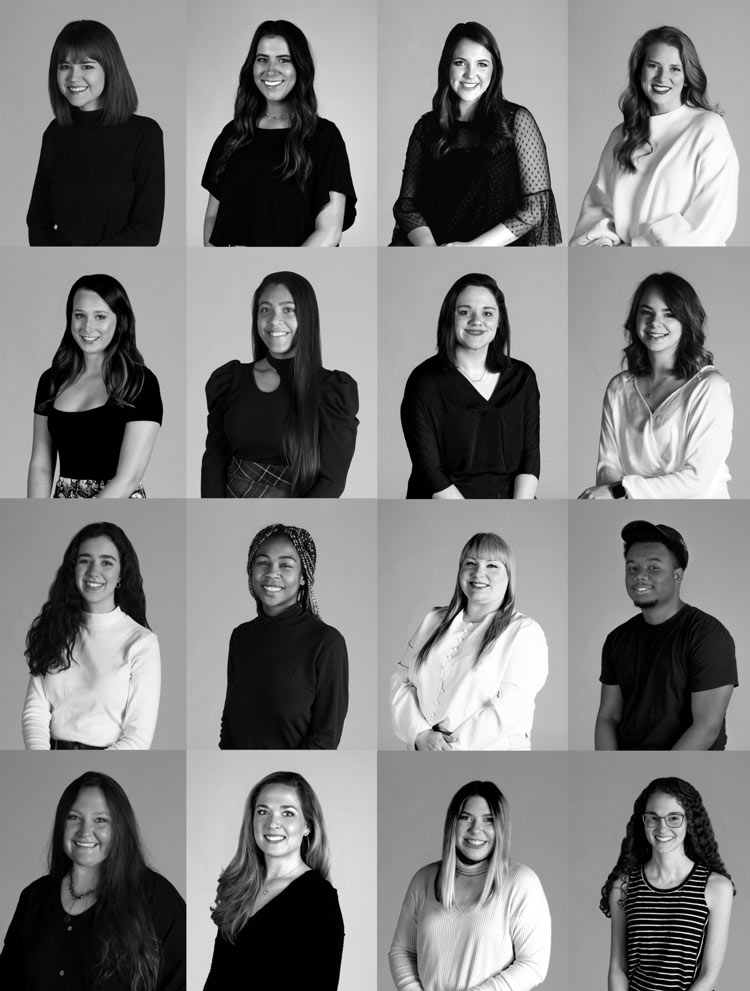 grid of 16 senior headshots in black and white (4 columns by 4 rows)