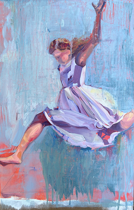 Painting of a young girl leaping in the air.