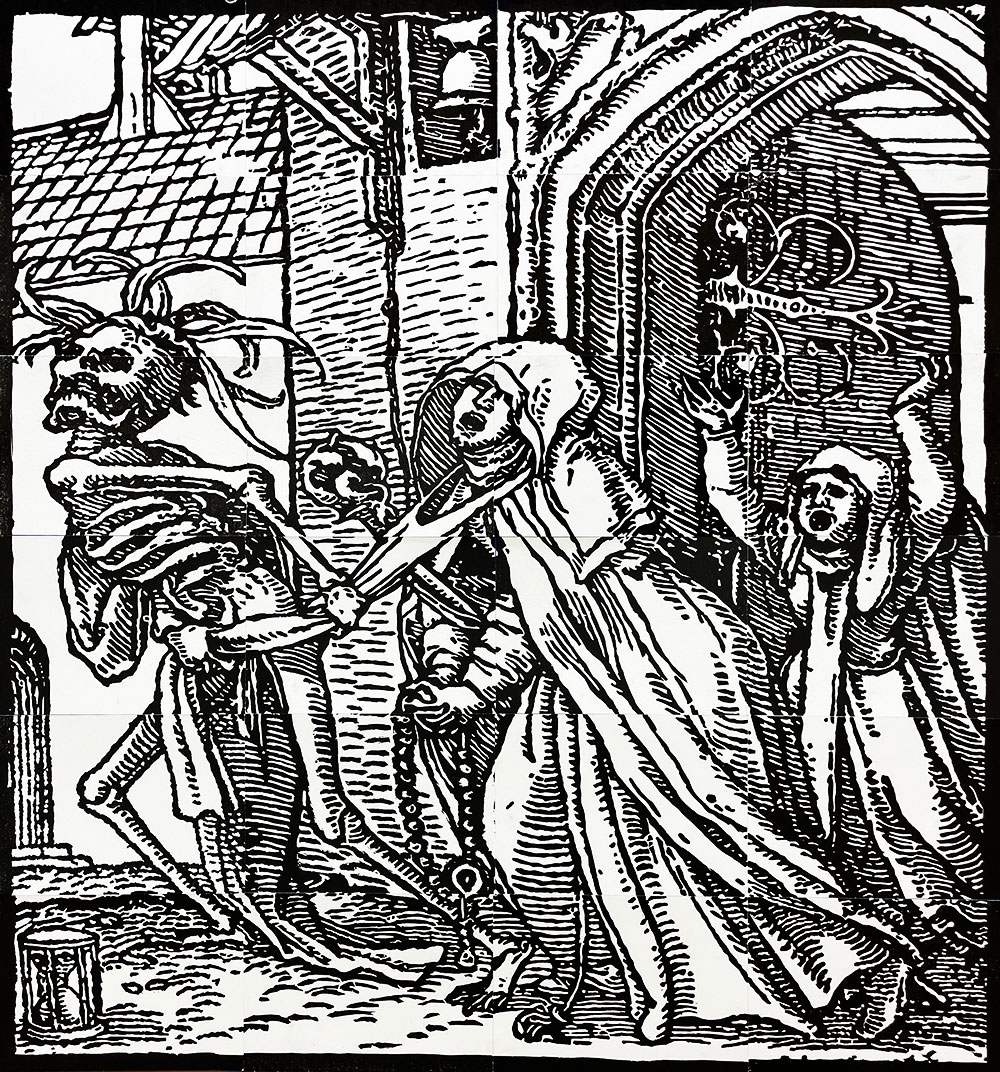 An image of the final composed print includes an image of a walking skeleton dragging a chained woman by her neck outside of a castle.