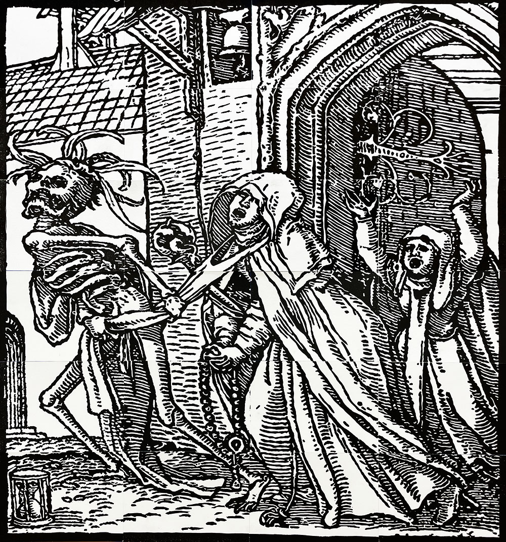 An image of the final composed print includes an image of a walking skeleton dragging a chained woman by her neck outside of a castle.