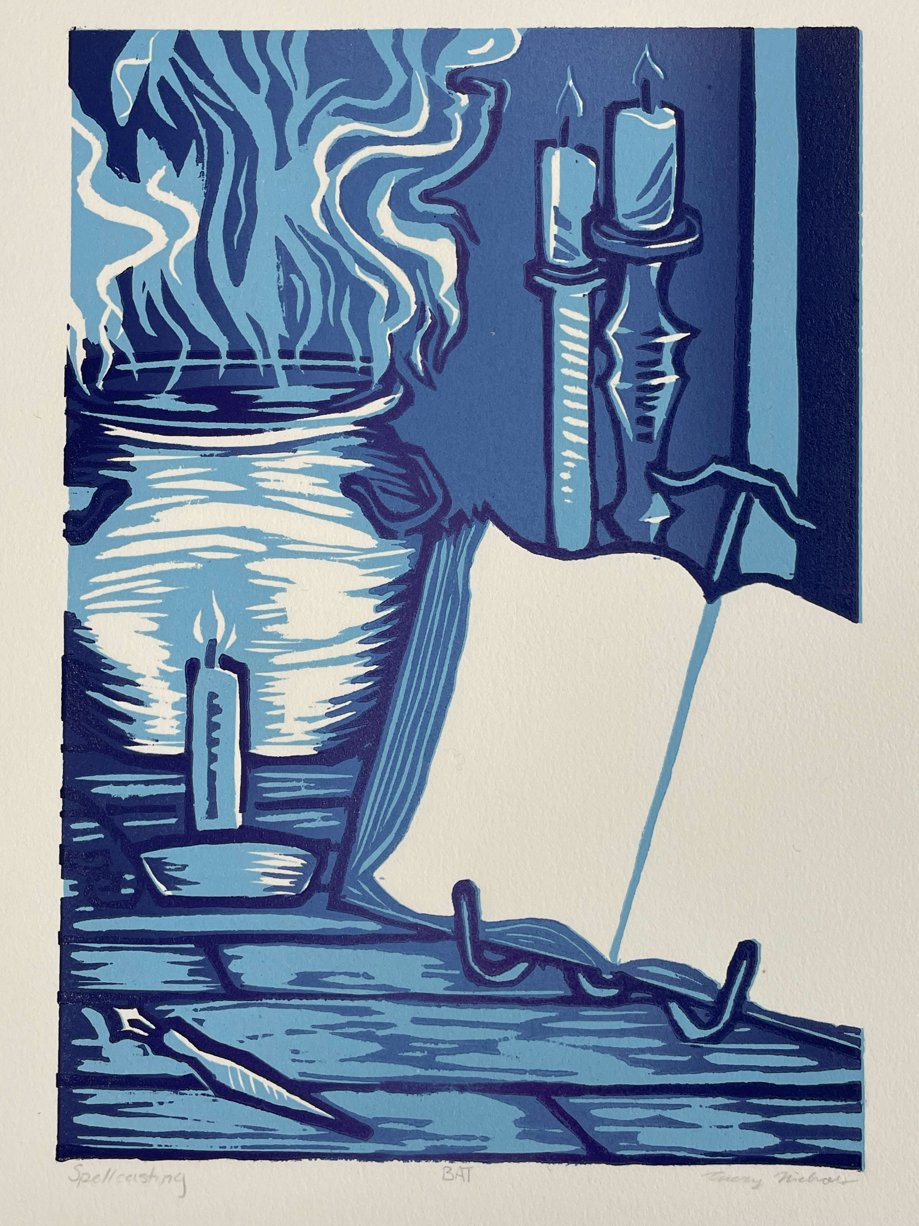 A printed image composed of candles, a book, and a cauldron- printed in several shades of blue.