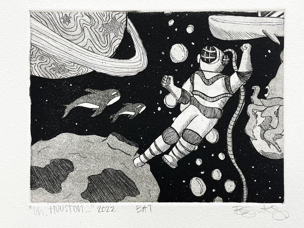 A black and white printed image composed of an astronaut in space surrounded by whales, dolphins, and a squid.