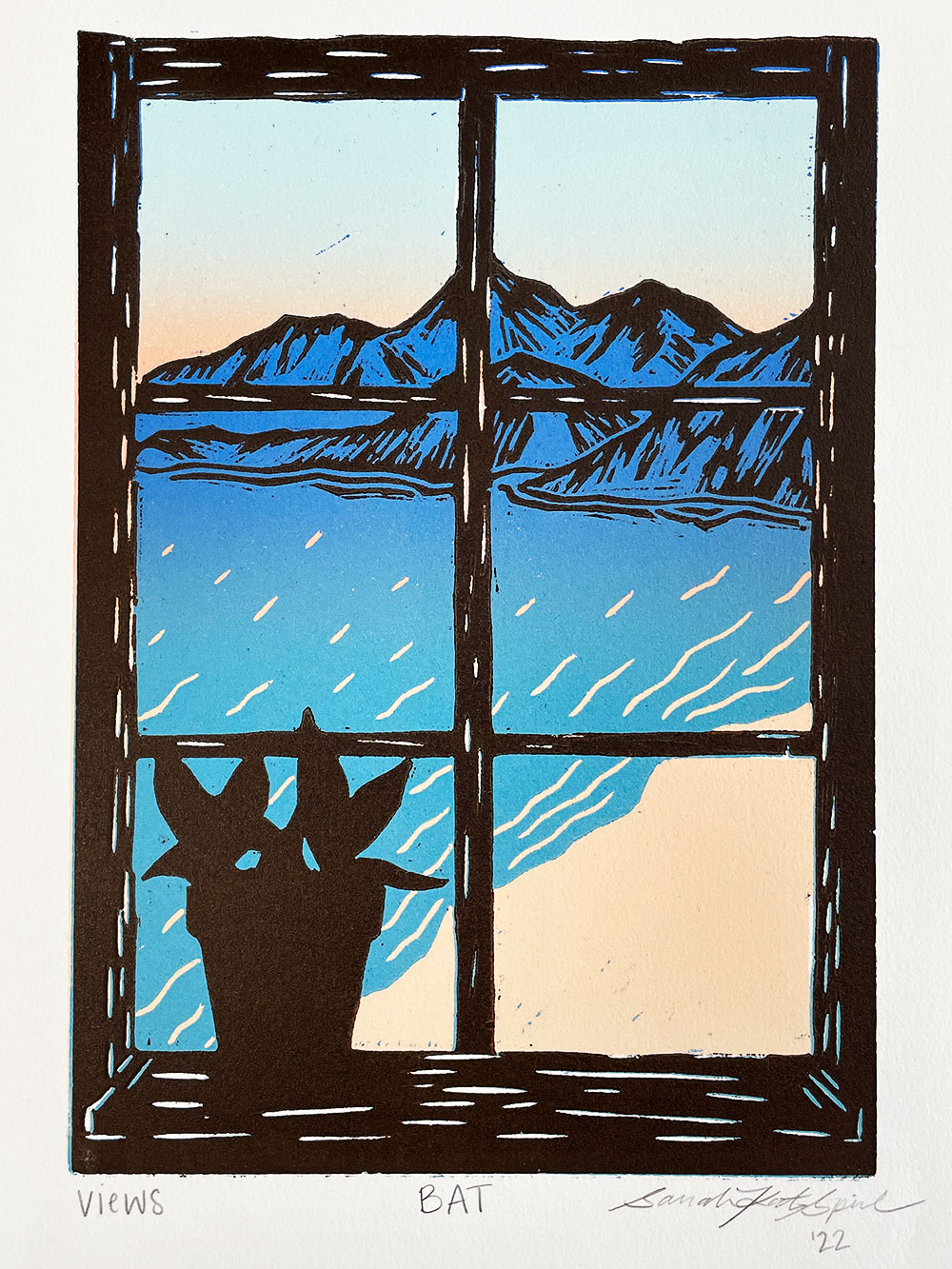 A printed image composed of a plant resting on a window seal overlooking the sea and the mountains - printed using shades of blues and browns. 