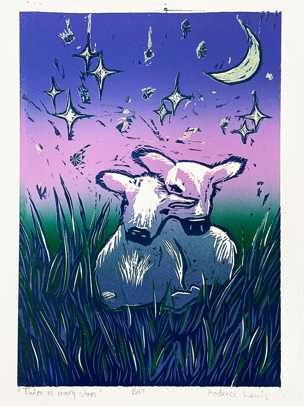 A printed image composed of two baby calves standing in a meadow under the moon and stars- printed using shades of purples and greens. 