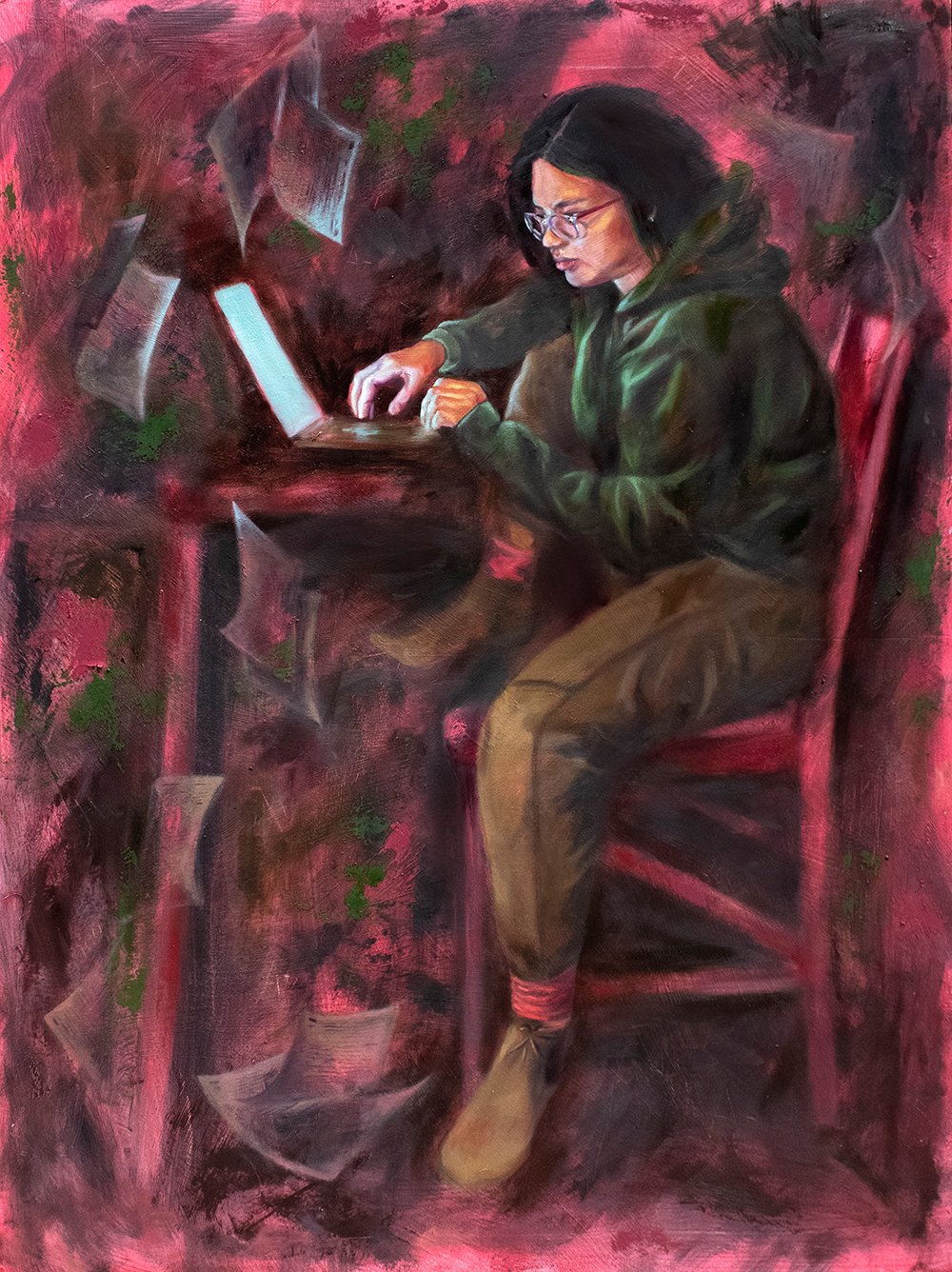 Girl hunches over in chair typing and facing lit screen. She is surrounded by papers, grades, stress, and chaos; an allegory for work as a broken concept.
