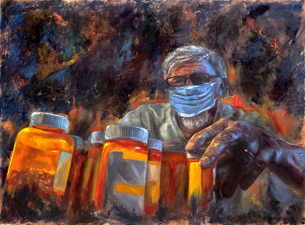 Elderly man wears mask sorting through an infinite amount of pill bottles, counting the endless physical pains that a broken world might bring.