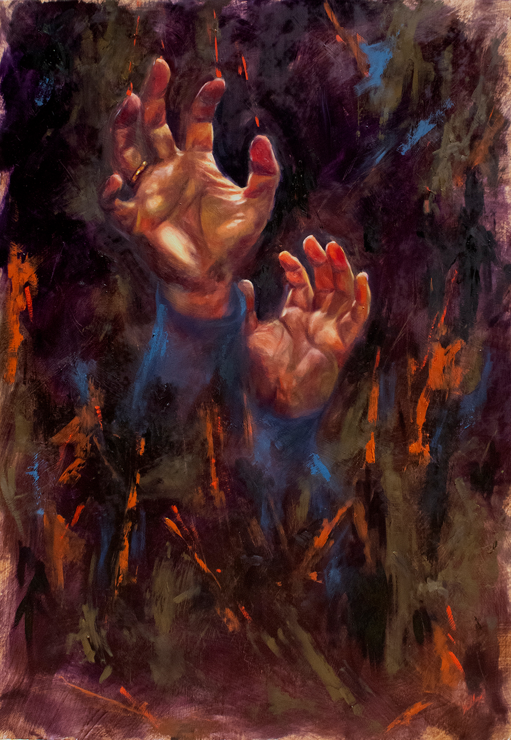 Hands reach out from a dark void scratching away the anxieties of a broken world. A self-portrait. 