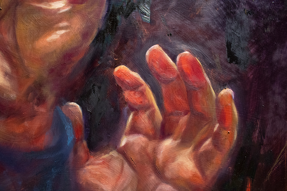 Hands reach out from a dark void scratching away the anxieties of a broken world. A self-portrait. 