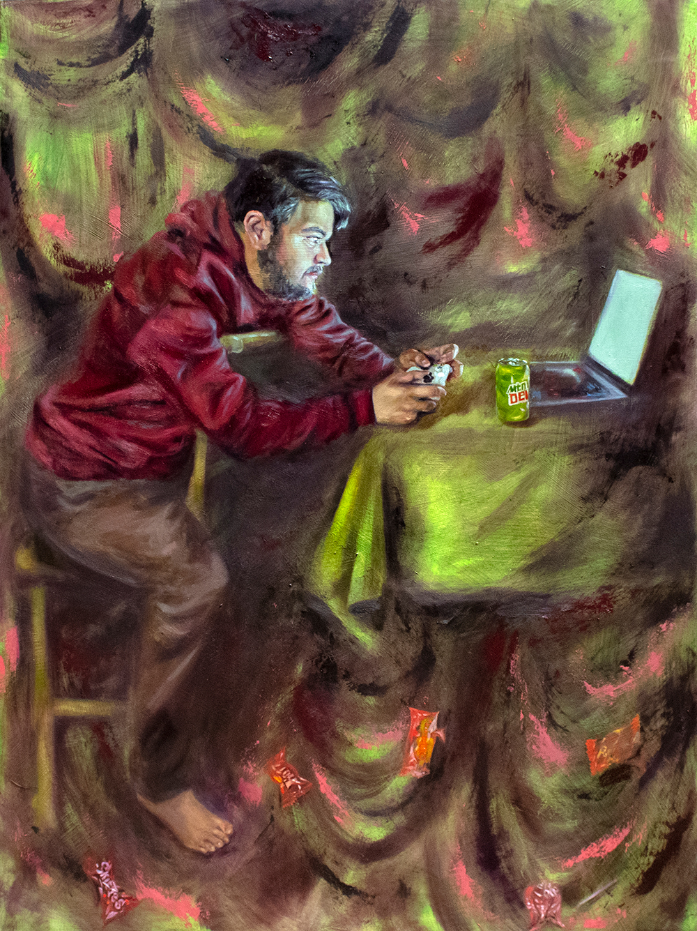 Guy slouches in chair holding game controller and facing lit screen. He is surrounded by wrappers, cans, and chaos; an allegory for work as a broken concept.