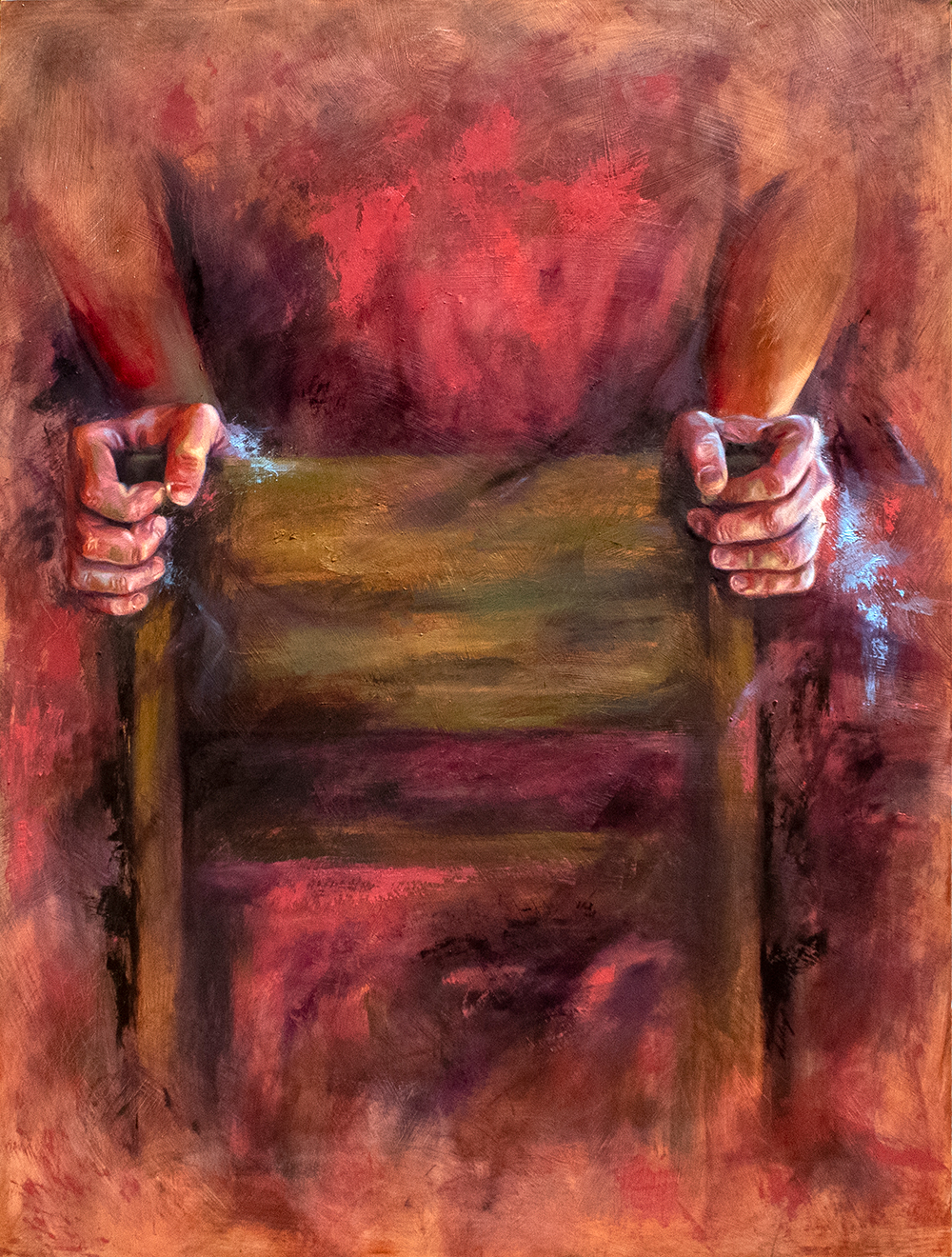 Two Hands tightly grip the form of a chair. Phasing into focus, they represent the tight grip of anxiety and depression.
