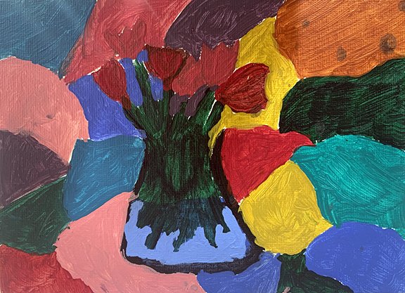 Painting of a blue flower vase with red flowers in front of a colorful background of geometric shapes.