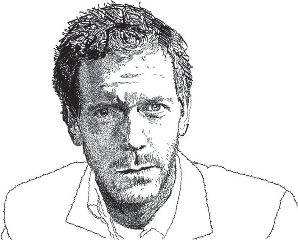 Several letters and symbols come together to create an image of Hugh Laurie