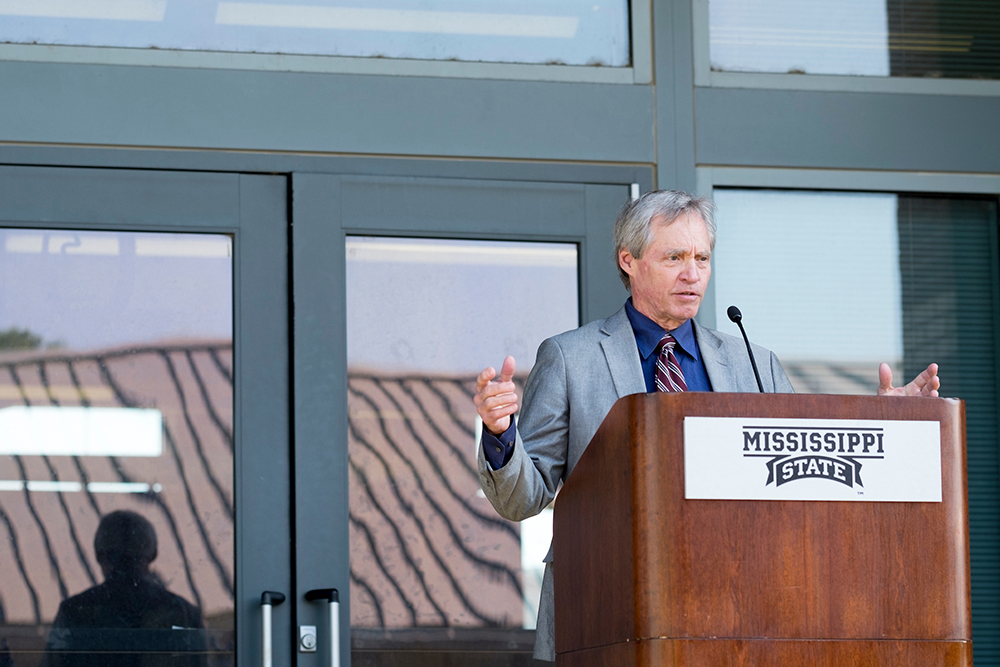 Landscape Architecture Rain Garden ribbon-cutting.  
George Hopper, Dean of the College of Agriculture and Life Sciences addresses the crowd.
 (photo by Megan Bean / © Mississippi State University)