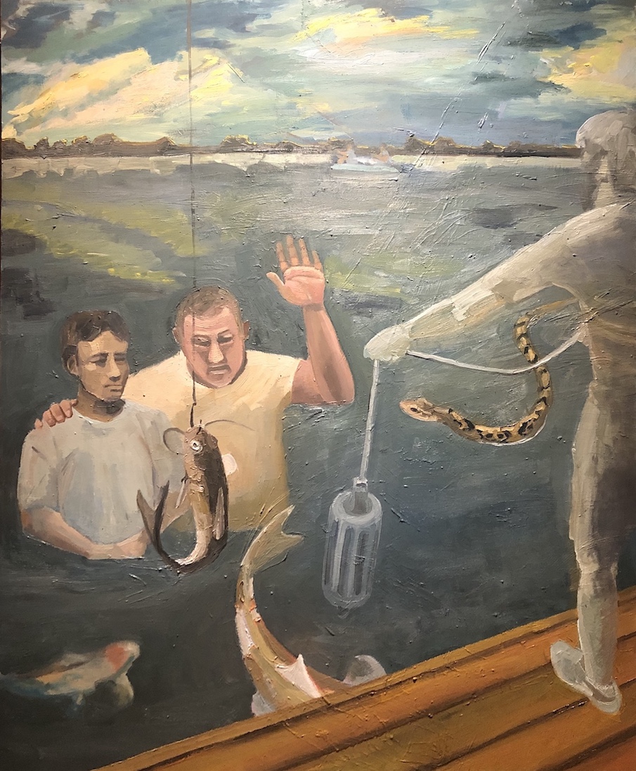 Two figures are standing in the body of water at sunset. The figure to the right has his hand up to the sky in prayer. Catfish hanging on a hook in front of them. Deck in the foreground with ghostly appearance. He is swinging a buoy towards the two figures. A water moccasin is swimming towards the two figures. The water is calm. People are fishing in the far distance. 