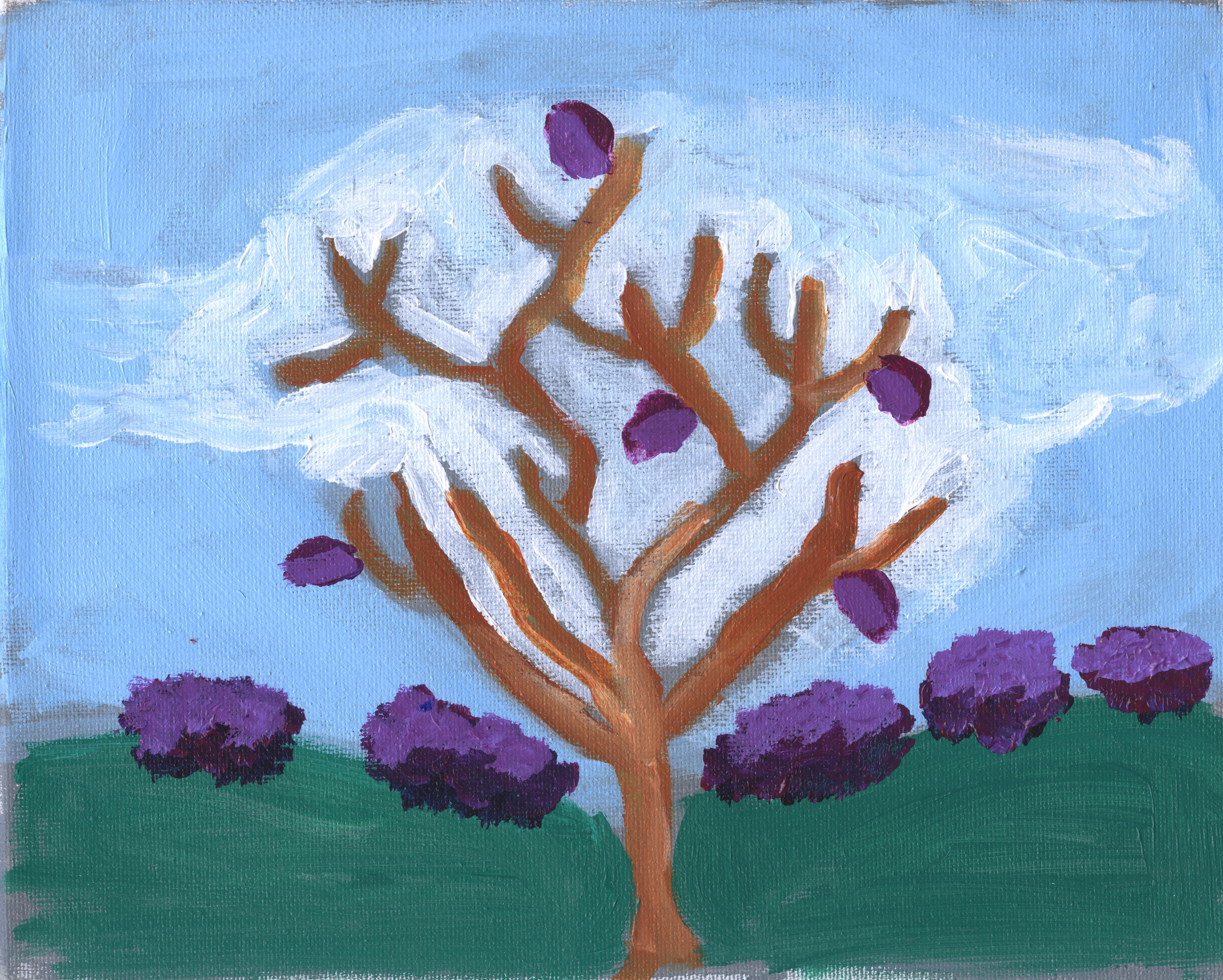 Red tree with purple bushes