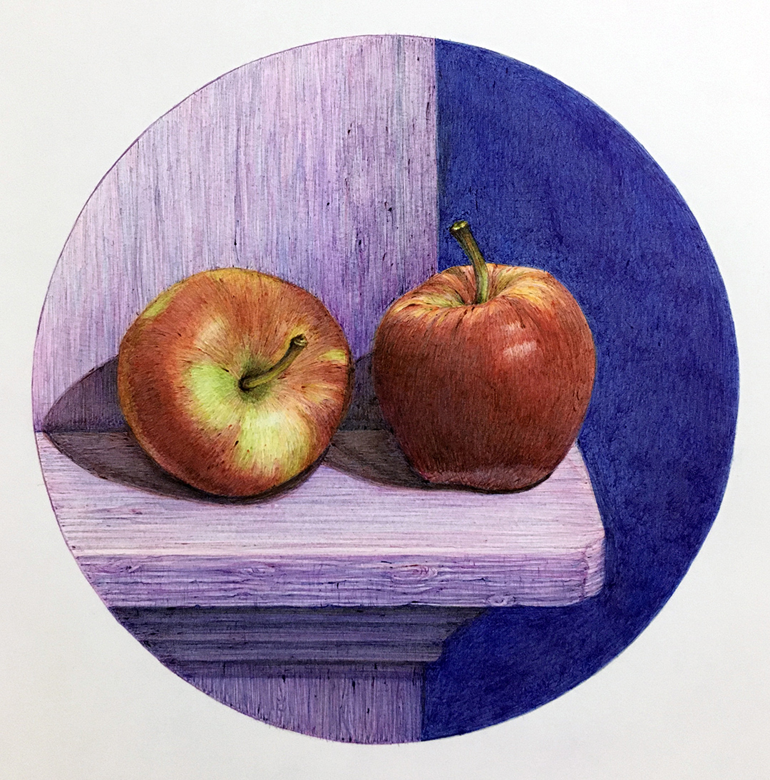 Color pen drawing of two red apples on a shelf.