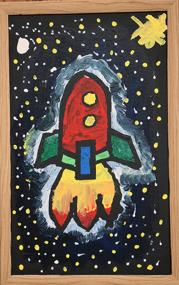 Painting of a red space rocket on black background with stars.