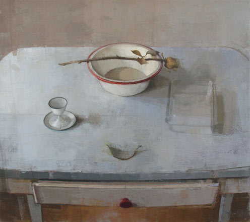 "Rose with Bowl, Egg, Cup and Plastic Container", a 16.25x8.25 painting of said items on a table by Mississippi State University Department of Art Professor Joe Morzuch. 