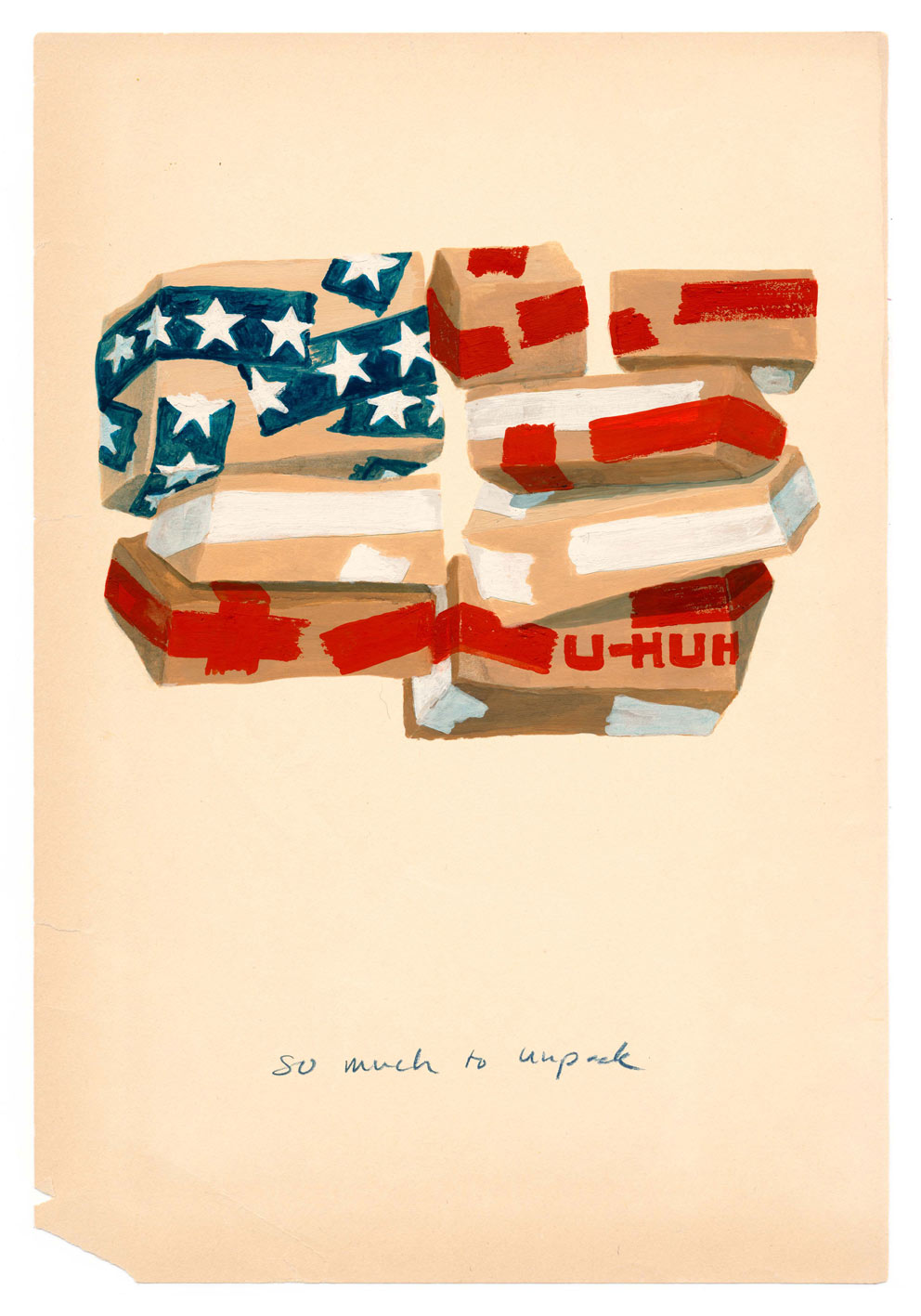 So.Much.to.Unpack. gouache on paper. An image that's part of a series by Mississippi State University Department of Art Head and Professor Jamie Runnells. Shows boxes stacked in pieces with stars and strips from the U.S. flag painted on them. 