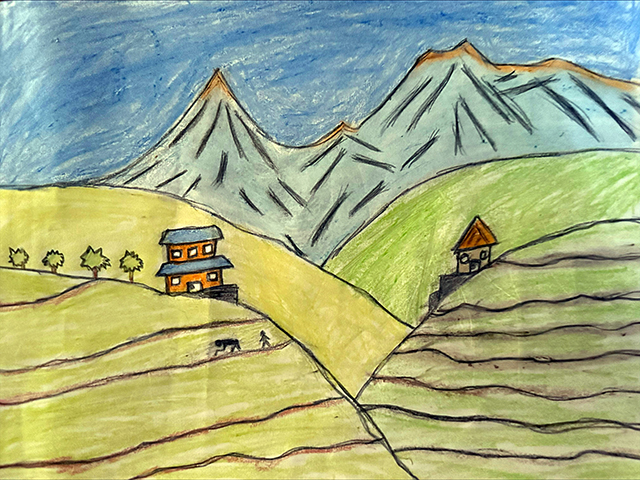 Drawing of hills and mountains with small buildings.