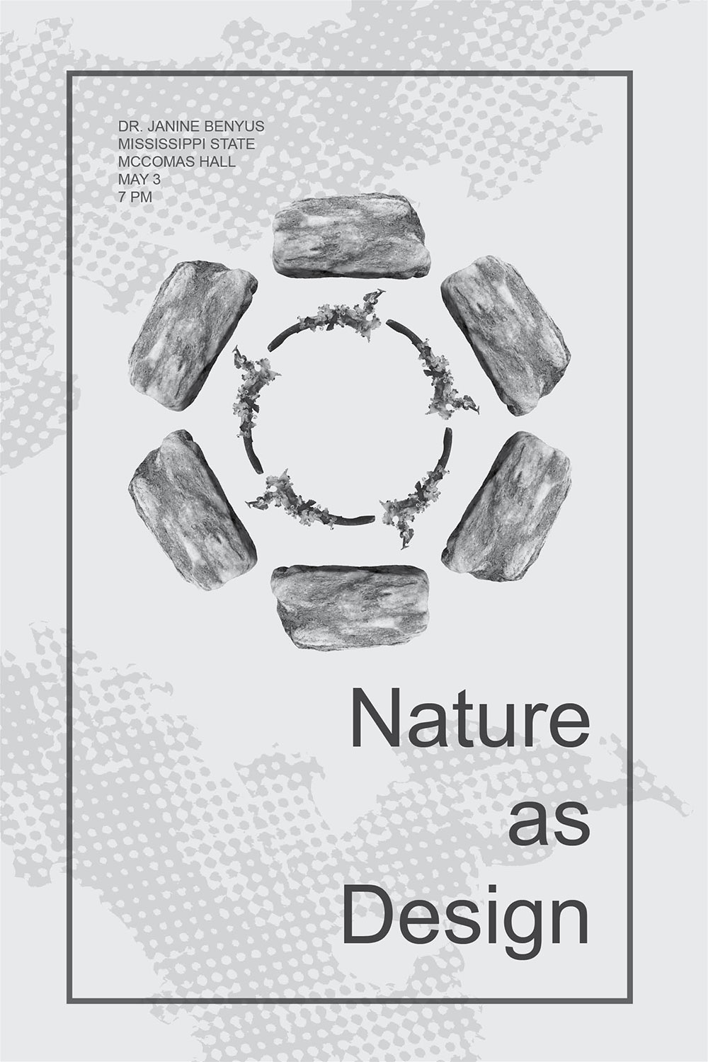 black and white nature as design poster created out of 6 rocks that are placed in a circle, inside of that circle is what appears to be five sticks but still maintaining circular shape. 