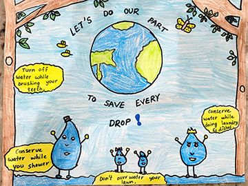 Drawing of water drops standing under the planet earth.