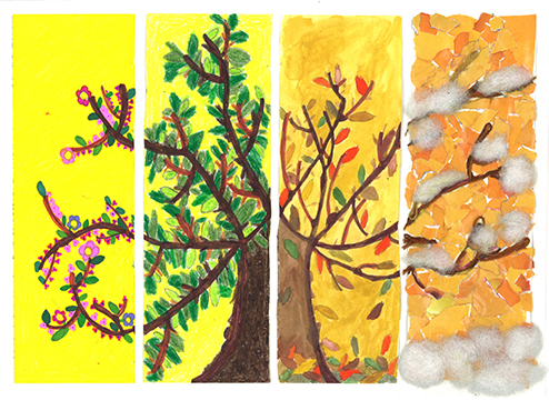 Painted collage of a tree in four different seasons: spring, summer, fall, and winter.