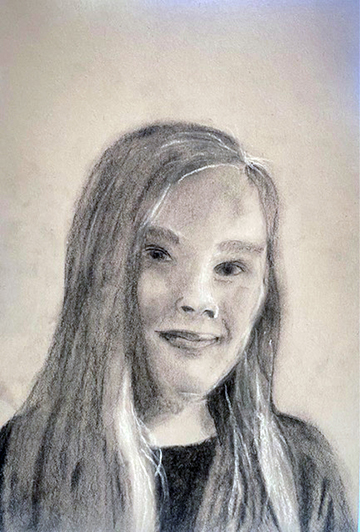 Black and white portrait drawing of a young girl.