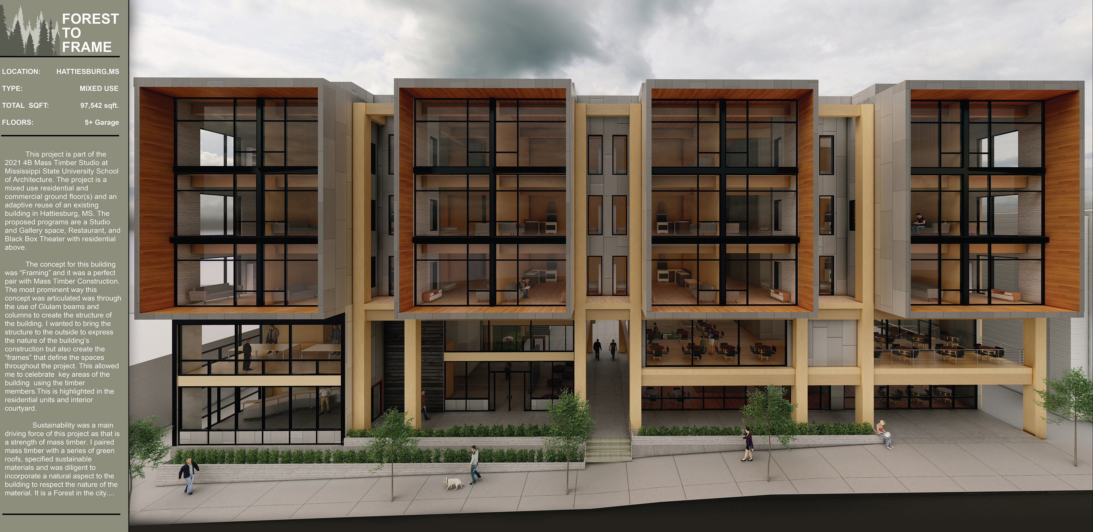 computer rendering of glass/wood building exterior